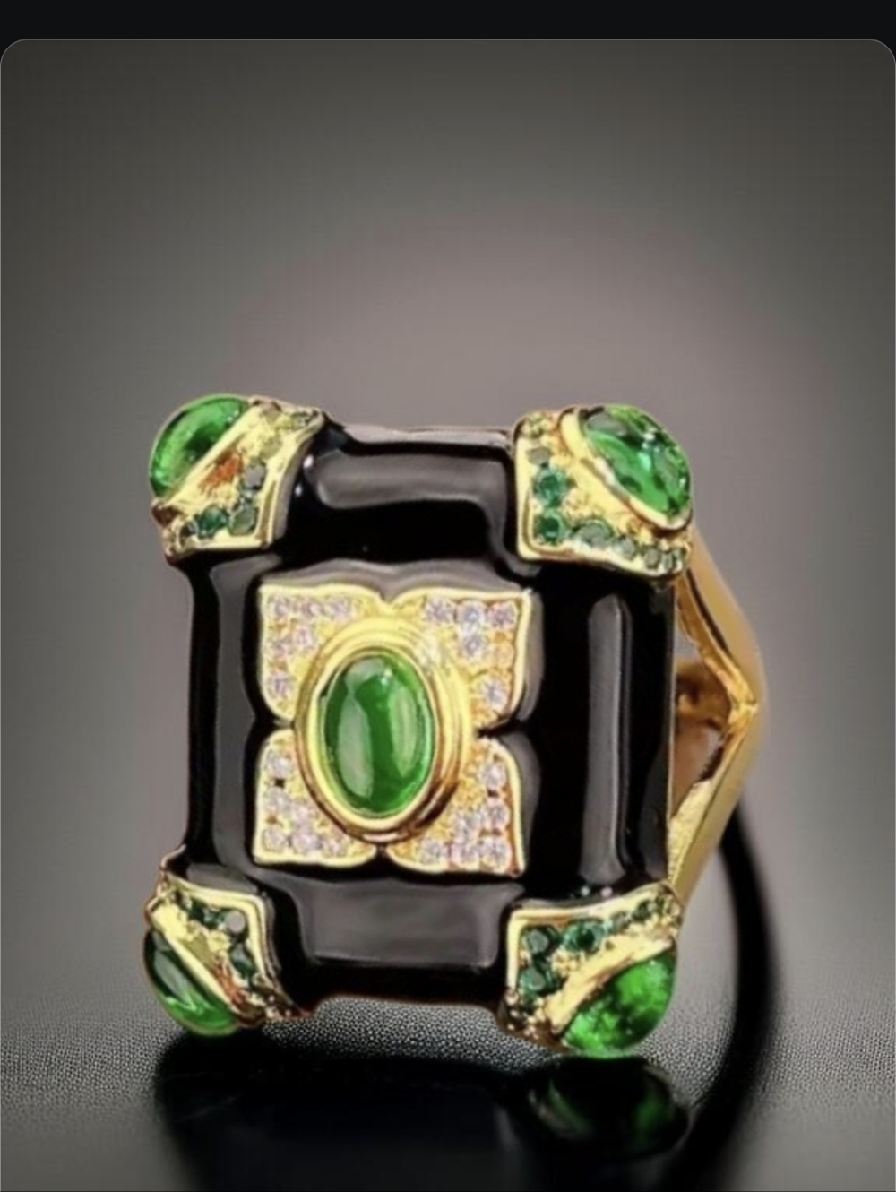 Exquisite 18k Gold Plated Onyx Enamel Emerald Crystal Cabochon Statement Ring